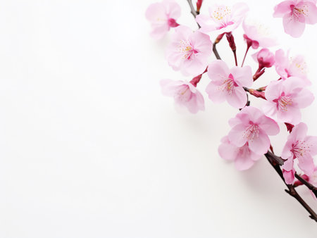 cherry blossom branch on white background, copy space for textの写真素材