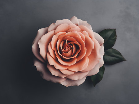 Beautiful pink rose on gray background. Flat lay, top viewの写真素材