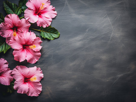 Pink hibiscus flowers on blackboard. Top view.の写真素材