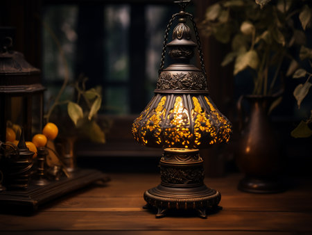 Lantern on the table in a dark room. Vintage style.の写真素材