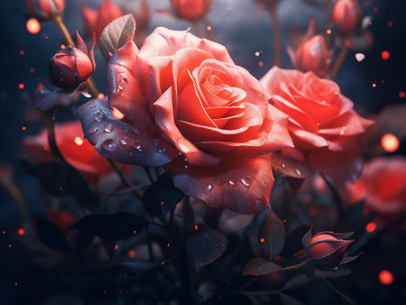 Beautiful red roses with water drops on a dark background. Soft focus.の写真素材