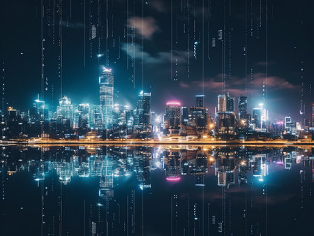 Double exposure of modern skyscrapers and cityscape with digital interface. Technology concept.の写真素材