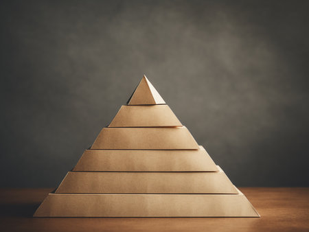 Pyramid made of brown paper on a wooden table. Business conceptの写真素材