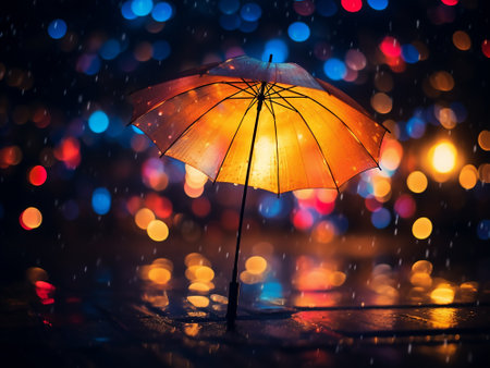 Colorful umbrella under rain at night with bokeh background.の写真素材