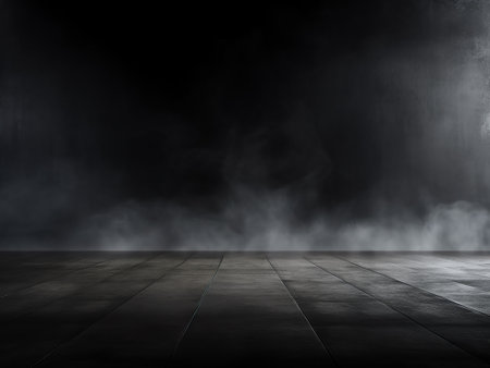 Empty room with smoke on the floor and black wall background. 3d renderingの写真素材