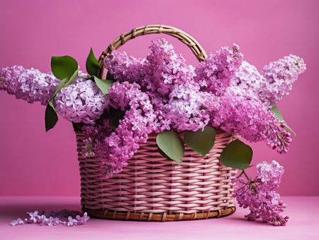 Basket with lilac flowers on a pink background. Place for text.の写真素材