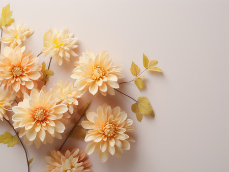 Flowers composition. Yellow dahlia flowers on pastel background. Flat lay, top view, copy spaceの写真素材