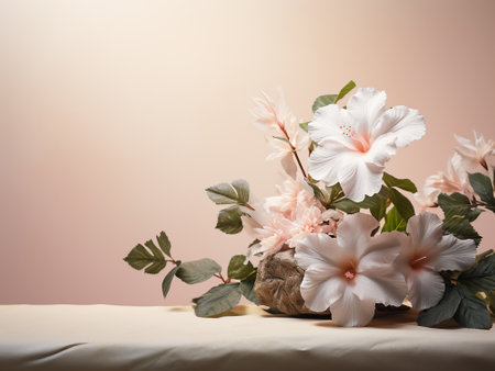 Pink and white hibiscus flowers in vase on tableの写真素材