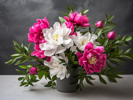 Bouquet of peonies in a vase on a gray backgroundの写真素材