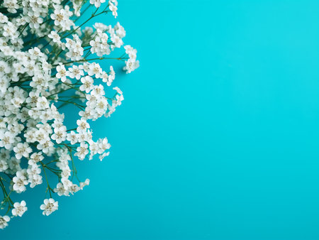 White gypsophila flowers on blue background. Flat lay, top view.の写真素材