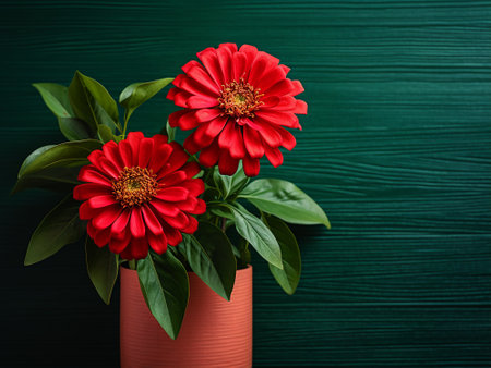 Red zinnia flowers in vase on green wooden background.の写真素材