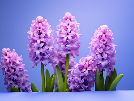Purple hyacinths on blue background. Spring flowers.の写真素材