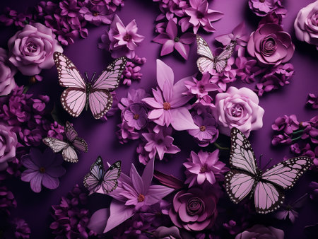 Lilac flowers and butterfly on purple background. Floral backgroundの写真素材