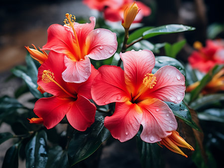 Red hibiscus flowers with rain drops on petals.の写真素材