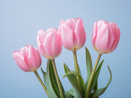 Bouquet of pink tulips on a blue background. Spring flowers.の写真素材