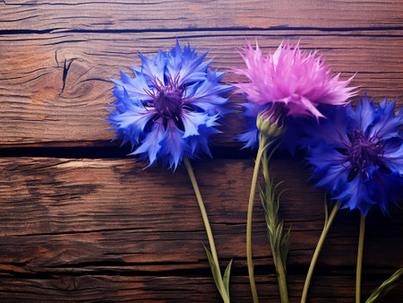 Beautiful cornflowers on a wooden background. Toned.の写真素材