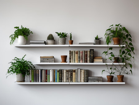 White bookshelf with books, plants and decorations. 3d renderの写真素材