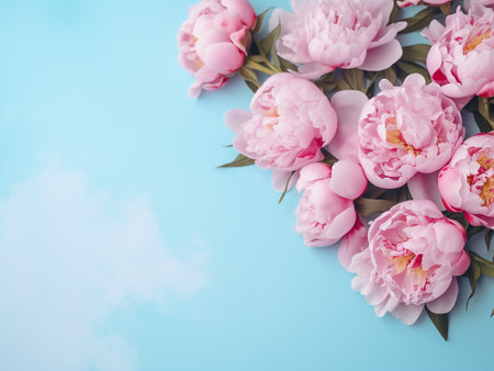 Pink peony flowers on blue sky background. Flat lay, top viewの写真素材