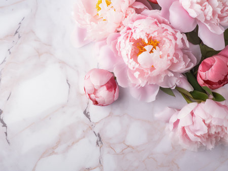 Pink peony flowers background. Flat lay, top viewの写真素材