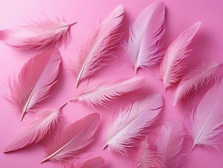 Beautiful pink feathers on color background, flat lay. Space for textの写真素材