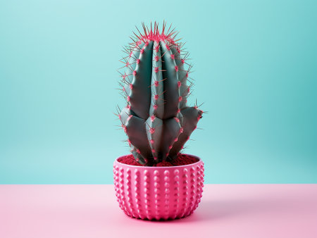 Cactus in a pot on a pink background. 3d renderingの写真素材