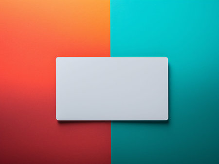 Blank business card on colorful background. Flat lay, top view.