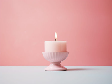 Candle on a pink and blue background. Minimalism.の写真素材