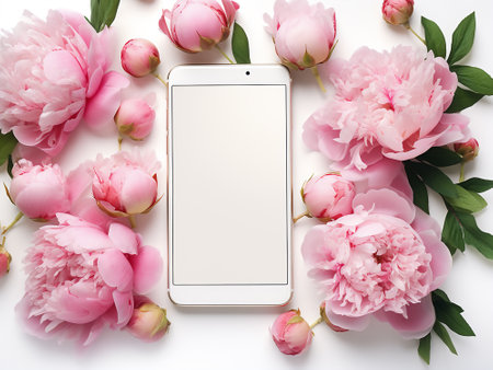 Smartphone with pink peony flowers on white background, top viewの写真素材