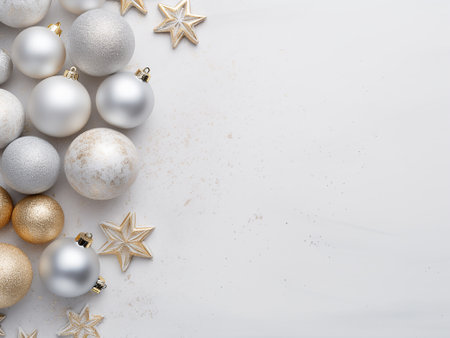 White and golden christmas baubles on white background with copy spaceの写真素材