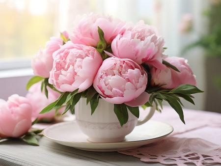 Beautiful peonies in cup on table in room, closeupの写真素材