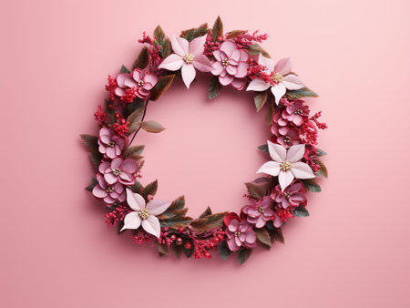 Wreath of pink flowers and berries on a pink background, top viewの写真素材