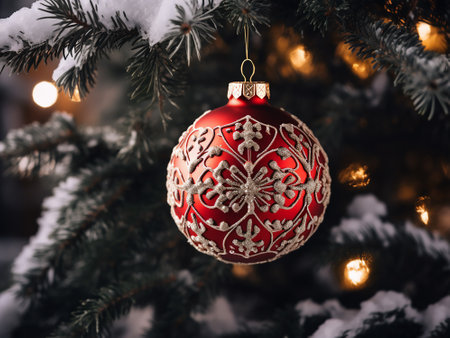 Beautiful red Christmas ball hanging on a branch of a Christmas treeの写真素材