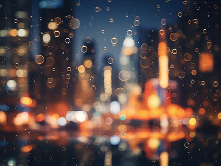 abstract bokeh background of city at night with rain dropsの写真素材