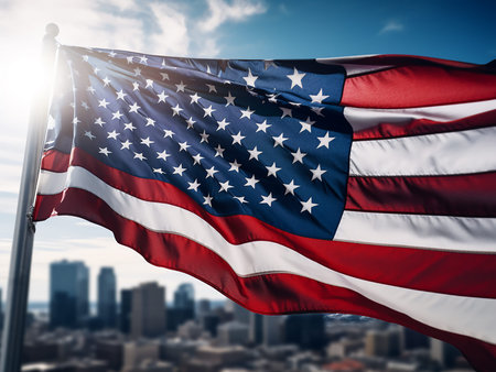 American flag waving in the wind on a city background. 3d rendering