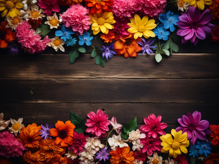 Colorful flowers on wooden background. Top view with copy space.の写真素材