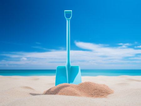 Shovel in the sand on the beach with blue sky backgroundの写真素材