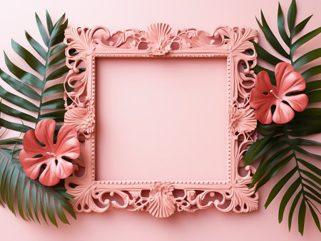 Frame with tropical leaves and hibiscus flowers on pink backgroundの写真素材