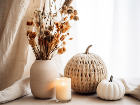 Autumn still life with pumpkins, candles and dried flowers in ceramic vaseの写真素材