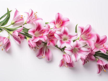 Pink lily flowers on white background. Flat lay, top viewの写真素材
