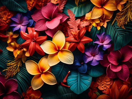 Colorful tropical background with exotic flowers. Flat lay, top viewの写真素材