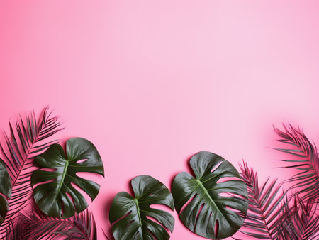 Creative layout made of tropical leaves on pink background. Flat lay, top view minimal summer concept.の写真素材
