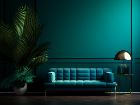 Interior of living room with blue sofa, lamp and palm tree. 3d renderの写真素材