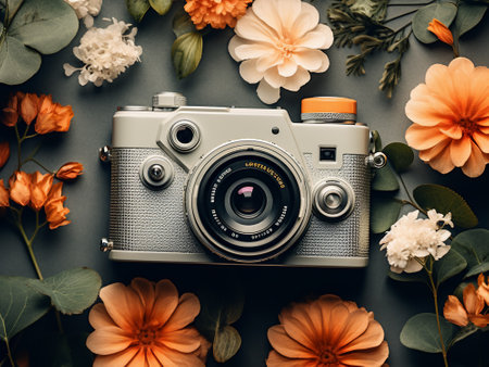 Retro camera with flowers on dark background. Flat lay, top viewの写真素材