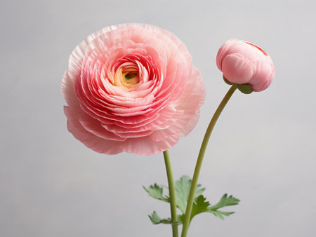 Beautiful pink ranunculus flowers on gray background, closeupの写真素材