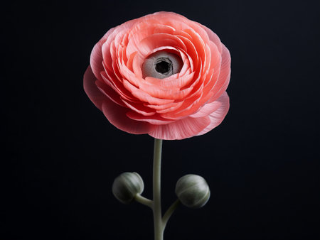 Pink ranunculus flower on a black background. Studio shot.の写真素材