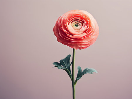 Beautiful pink ranunculus flower on a gray background. Toned.の写真素材