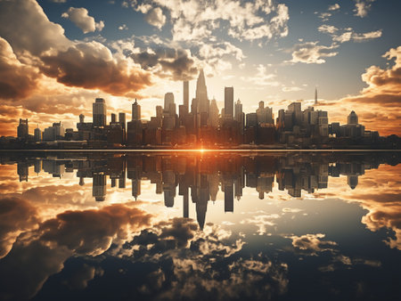 New York City skyline at sunset with reflection. 3D Renderingの写真素材