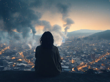 Silhouette of a girl sitting on the edge of a cliff and looking at the cityの写真素材
