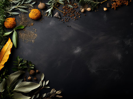 Autumn background with leaves and spices on black table. Top view with copy space