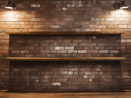 Wooden shelves on brick wall in loft style. 3d renderingの写真素材